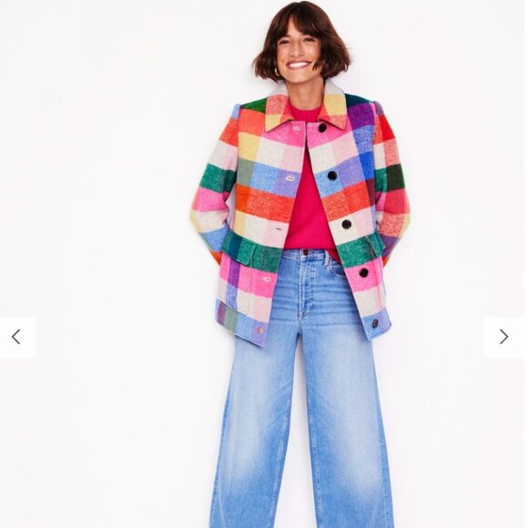 Boden Wool Checkered Coat Multi Check - Pink, Green, Ivory, Orange, Blue - Picture 1 of 4